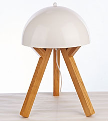 Tripod legs with white metal shade wood table lamp