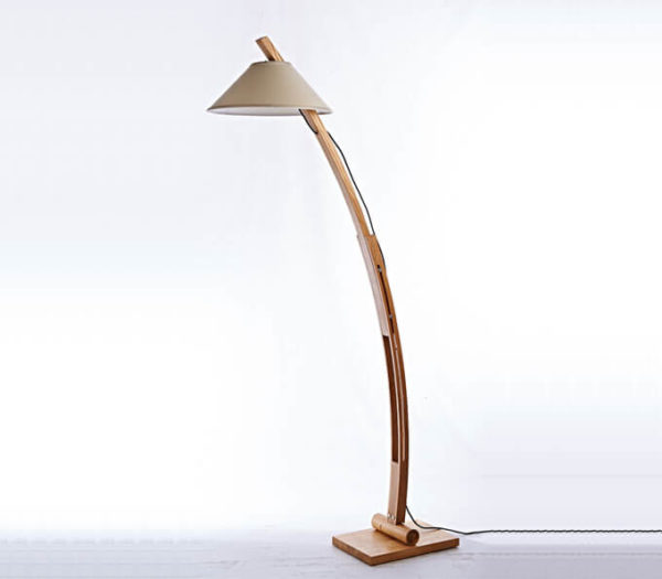 Retractable wood floor lamp with Fabric Bowl Shade Arc Wood friends lighting specialize in